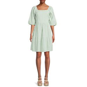 Beachlunchlounge Women Back Bow Babydoll Dress Balloon Sleeve Striped Green L